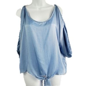 Sky Blue Satiny Elegance Blouse - Tie-Waist & Split Sleeve, Size M